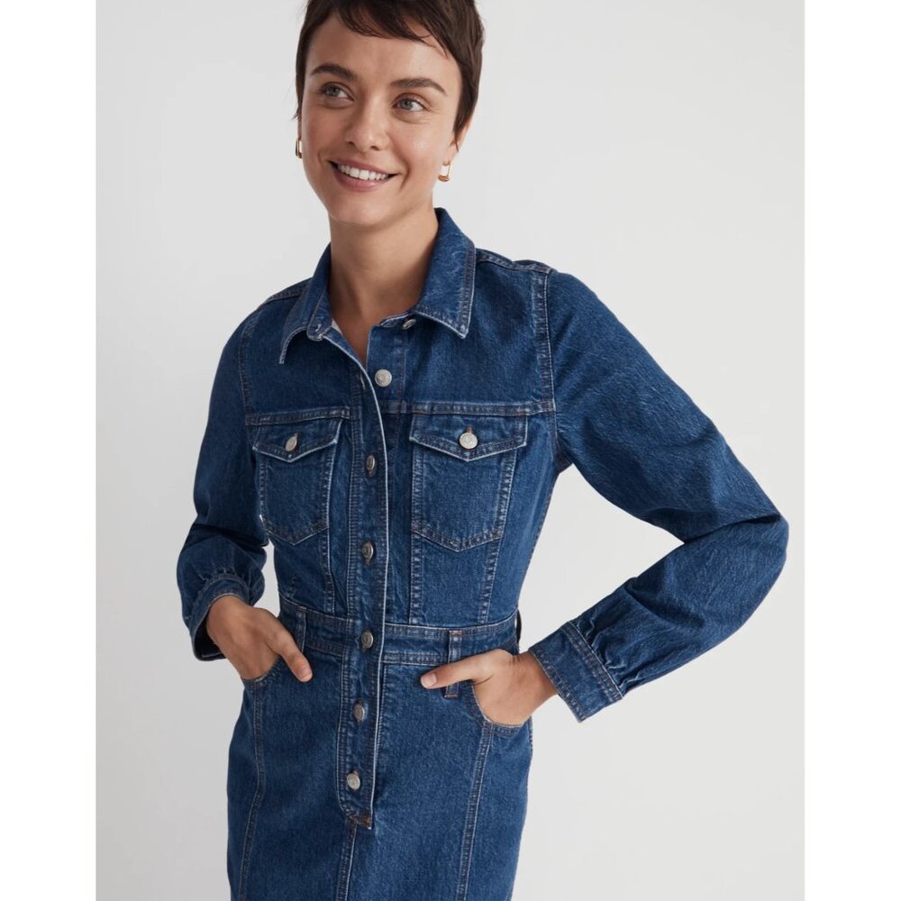 NWT Madewell Denim Midi Shirtdress in Glissan Wash Heavyweight Jean Dress 14 - Picture 3 of 9